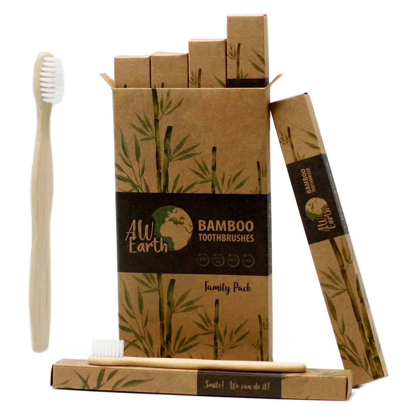 Bamboo Toothbrush - White - Family Pack of 4 - Med Soft